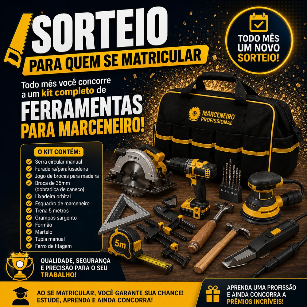 Sorteio mensal de kit de ferramentas para marceneiro